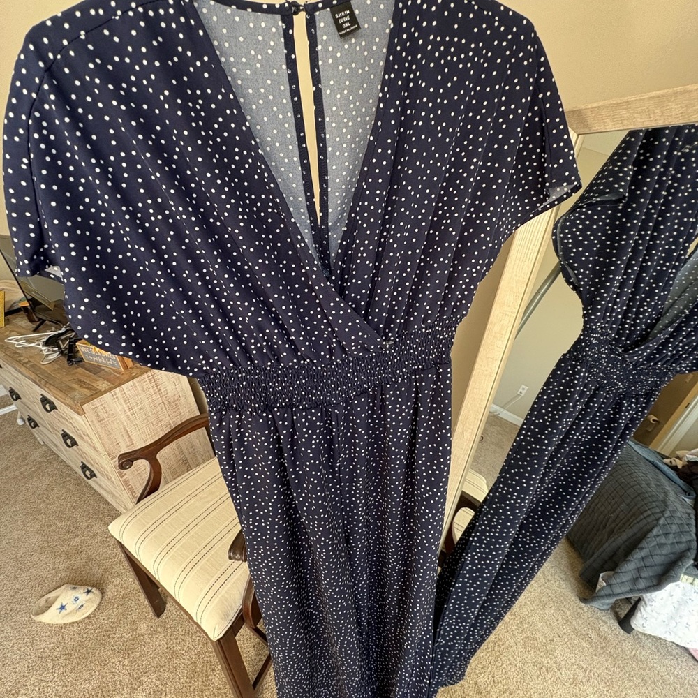 SHEIN Navy and White Polka Dot Maxi Dress